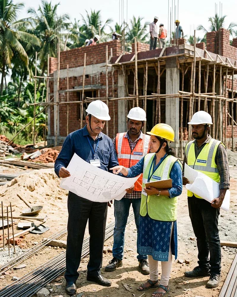 Experienced Indian civil engineers and architects reviewing residential construction floor plans on site in Tamil Nadu - SCE Developers